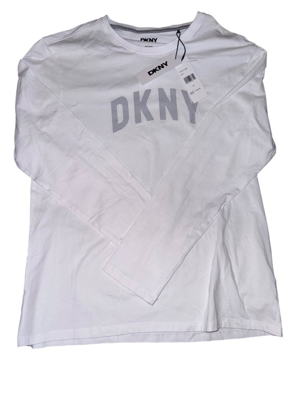 DKNY Womens White Long Sleeve Crewneck Logo T-Shirt Size M Cotton Blend
